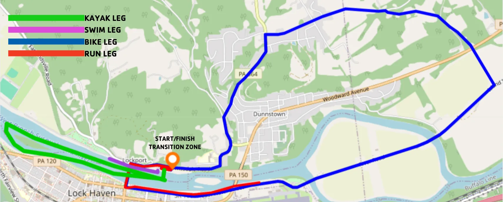The map shows all legs of the race stating/ending at the central transition zone, Lockport Boat Launch.